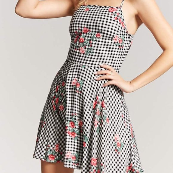 Floral and Checkered Print Skater Dress - Picture 1 of 6